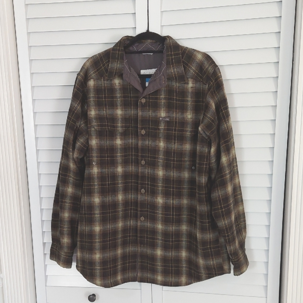 Columbia Jacket, Size L, Plaid Green & Gray, Fleece Lined, Button Front,‎ Collar